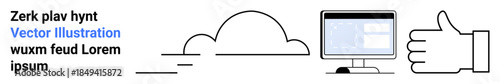 Technology, cloud storage, data exchange, digital connectivity, approval system, interface design. A cloud, a monitor and a thumbs-up icon. Technology and cloud storage concept