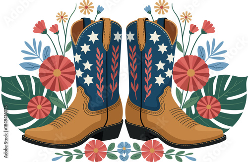 Western, cowboy, boots, illustration, floral, stars, patriotic, folk, art, fashion, footwear, country, rustic, decorative, vintage, boho, american, style, design, aesthetic