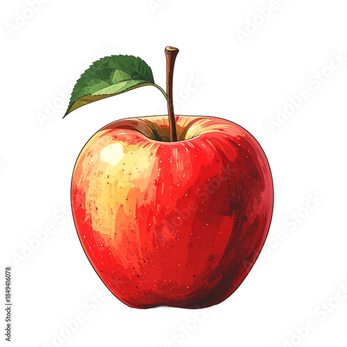 Red Apple with Green Leaf Stem.