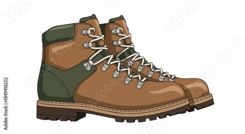 Rugged hiking boots with durable brown and forest green panels, featuring robust white laces and metallic eyelets, crafted for secure outdoor
