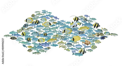 A vibrant aquatic ensemble of fish gracefully swimming in a synchronized school. Showcasing biodiversity and harmonious collective movement of ocean