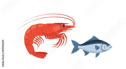 Vibrant illustration depicting a stylized red shrimp and a sleek blue fish side by side, showcasing aquatic life elements in a clean, graphic, and