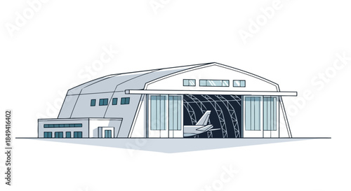 Modern Aircraft Hangar with Jet Tail Inside: A Minimalist Aviation Facility Illustration