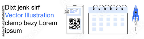 Business planning, digital organization, project management, innovation, technology goals, productivity tools. QR code displayed on a smartphone, a calendar and a rocket graphic. Business planning