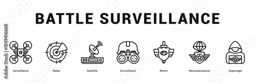 Battle Surveillance Modern and clean web banner illustration featuring thematic icons for visual communication