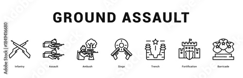 Ground Assault Modern and clean web banner illustration featuring thematic icons for visual communication