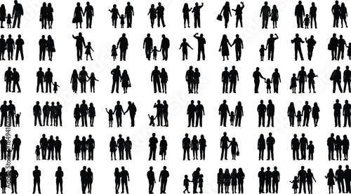 Family silhouettes vector set, diverse people icons, parents with children, couple relationships, black figures, social bonding, community concept, editable isolated design elements, white background