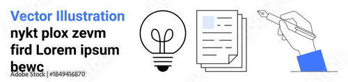 Creativity, innovation, content creation, writing process, brainstorming, business workflow. Light bulb, documents and hand with pen. Creativity and innovation as central