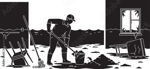 Flood Cleanup Worker Cleaning Mud Inside Damaged House Silhouette