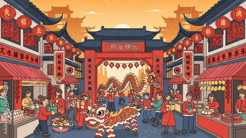 Vibrant chinese street scene with dragon dance performance