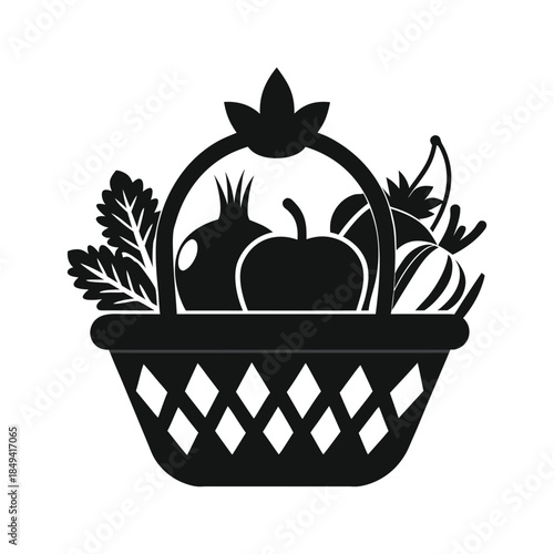 Organic Vegetable Basket Silhouette Minimal Black Vector