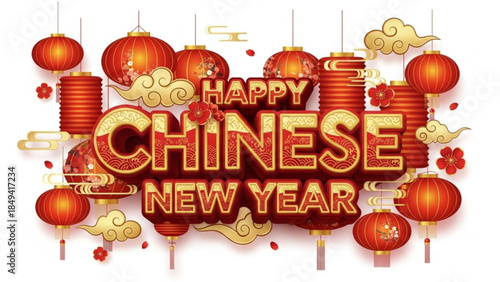 Happy chinese new year celebration with red lanterns and gold