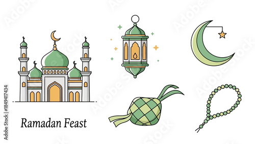 A collection of Ramadan and Eid al-Fitr symbols including a mosque, lantern, crescent moon, ketupat, and prayer beads.