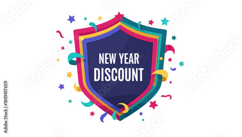 A festive shield with "NEW YEAR DISCOUNT" text, surrounded by colorful confetti and ribbons, symbolizing a special holiday promotion.