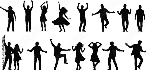 Silhouettes of energetic dancers performing diverse moves, party celebration, dance group, rhythm, motion, fun, entertainment, nightlife, vector art for stock content, isolated on white