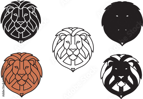 Geometric Lion Head Logo Set Minimal Line Art Vector Illustration