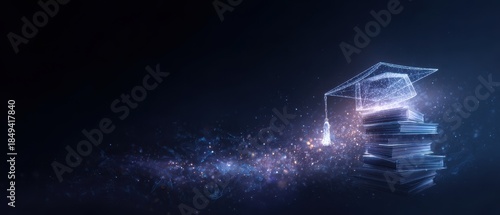 Ethereal Graduation - Glowing Mortarboard and Books in Dark Ambiance.