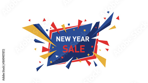 Dynamic New Year Sale banner with geometric shapes and confetti elements on a white background, perfect for promotions and discounts.