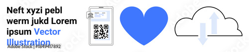 Digital services, cloud storage, online data, technology, connectivity, QR code functionality. A QR code on a mobile screen, blue heart and cloud with arrows. Digital services and cloud storage
