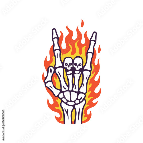rock and roll flame fire hand bone skull art vector illustration