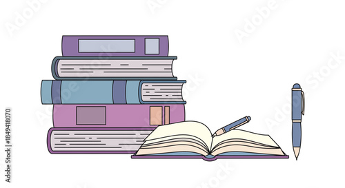 Colorful books and stationery for learning and creativity