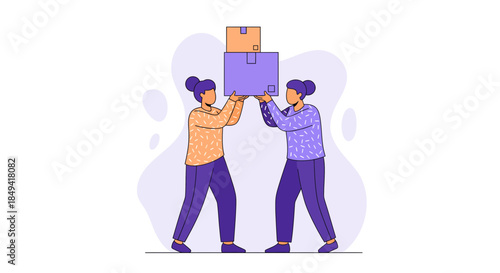 Two colleagues working together to move heavy boxes in office