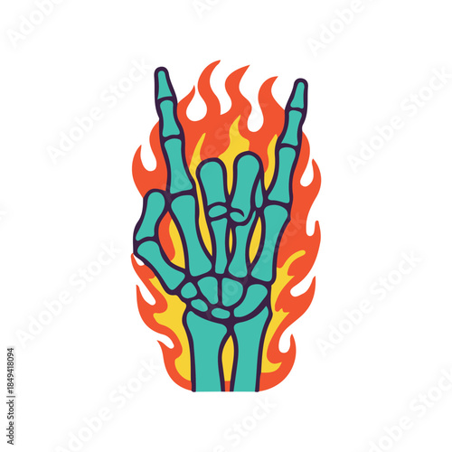 rock and roll flame fire hand bone skull art vector illustration