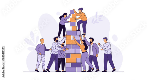 Diverse team building and stacking blocks together in collaboration