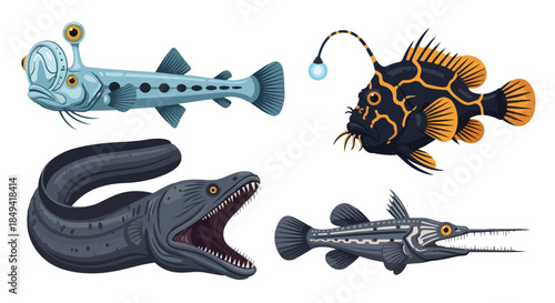 An captivating ensemble of unique deep-sea creatures showcasing extraordinary adaptations to their abyssal habitats a vibrant illustration of marine