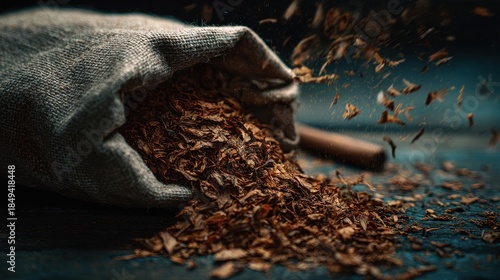 Rustic Tobacco Leaves Spill from Burlap Sack, Moody Lighting, Close-Up Shot.
