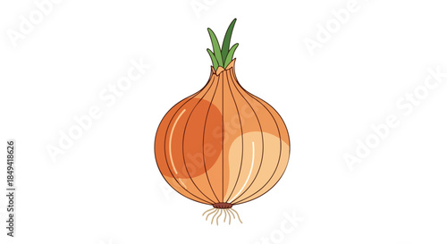 A fresh whole golden brown onion bulb cartoon illustration featuring vibrant green sprouts and delicate roots isolated on a crisp white backdrop