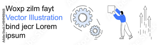 Productivity, teamwork, progress, strategic planning, efficiency, goal tracking. Two gears, a man holding a box and a growth chart. Productivity and teamwork concept