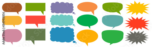 A simple design set of colorful message comment chat boxes. A collection of comic and social media speech bubbles, text boxes, and chat boxes. A vector set of comic and social media speech bubbles.