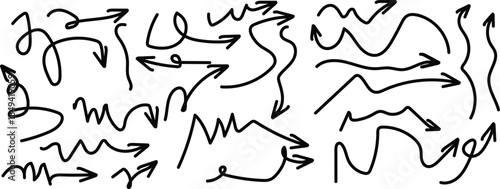 Hand drawn vector arrow. Squiggly arrows doodle set. Curve and Spiral comic symbols in sketch style. Arrow set. arrow big black vector set.