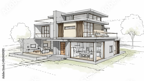 Modern Luxury House Architectural Sketch Design.