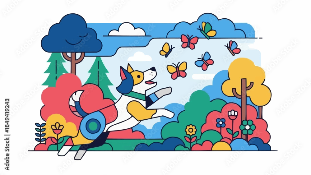 Naklejka premium Energetic dog chasing butterflies in a vibrant park setting.