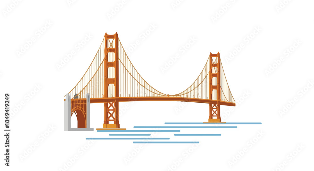 Fototapeta premium Stylized orange suspension bridge over water iconic architectural structure minimalist flat design graphic representation of a significant landmark