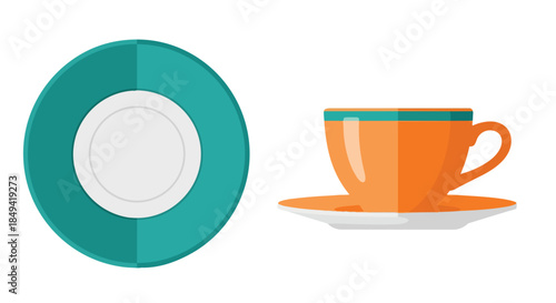 Stylish Flat Design Illustration of a Vibrant Orange Tea Cup and Teal Saucer Set Ready for a Refreshing Drink