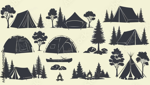 Collection of Camping Tents and Outdoor Gear Silhouettes.