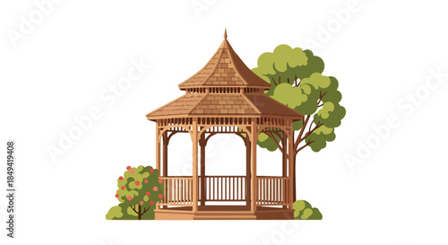 Elegant wooden gazebo nestled amidst lush green foliage and a vibrant berry bush illustration