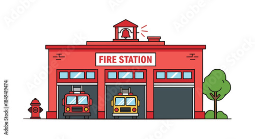 Vibrant cartoon illustration of a bustling fire station featuring two emergency vehicles and a classic fire hydrant on a crisp white background