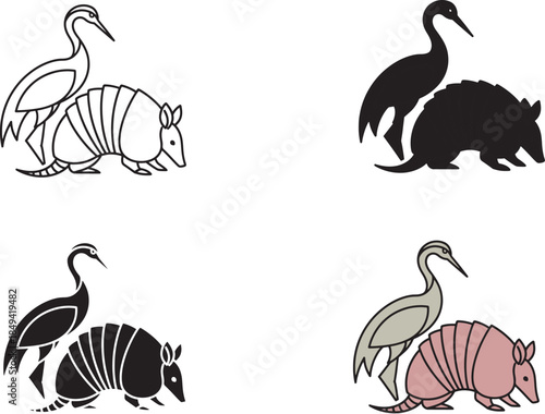 Crane Bird and Armadillo Minimal Vector Wildlife Logo Illustration