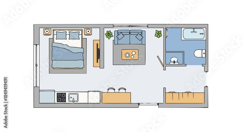 Modern compact living space design blueprint displaying a functional apartment layout with essential rooms