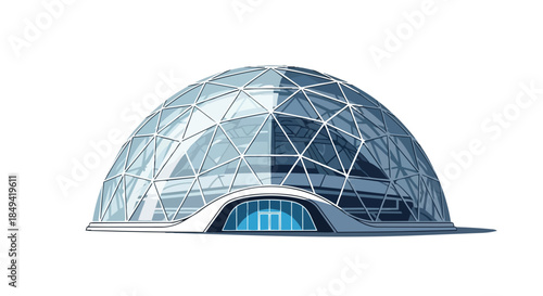 A sleek, futuristic geodesic dome structure featuring a complex network of triangular glass panels reflecting an innovative architectural design a