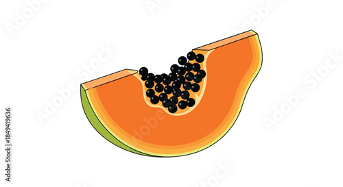 Vibrant tropical papaya fruit slice. Ripe orange flesh with glossy black seeds and a hint of green skin. Healthy, refreshing, and delicious produce