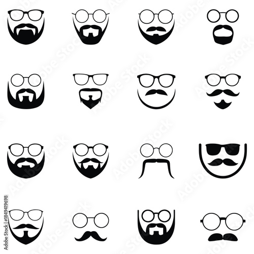 Men's beard and mustache styles with glasses vector icons set. Set of beard and mustache styles with glasses vector design