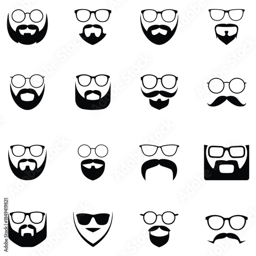 Hipster beards, mustaches, and glasses icon set collection