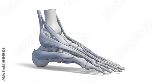 Anatomical illustration of the human foot and its surrounding muscles, tendons, and ligaments