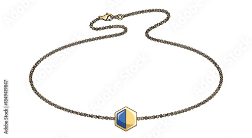Golden chain necklace with unique hexagonal blue and gold pendant. Modern, elegant jewelry piece for contemporary style. Cleanly presented.