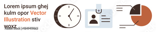 Time tracking, data processing, identity verification, professional work, personal identification, productivity tools. Clock, ID badge pie chart and data segments. Time tracking and data processing